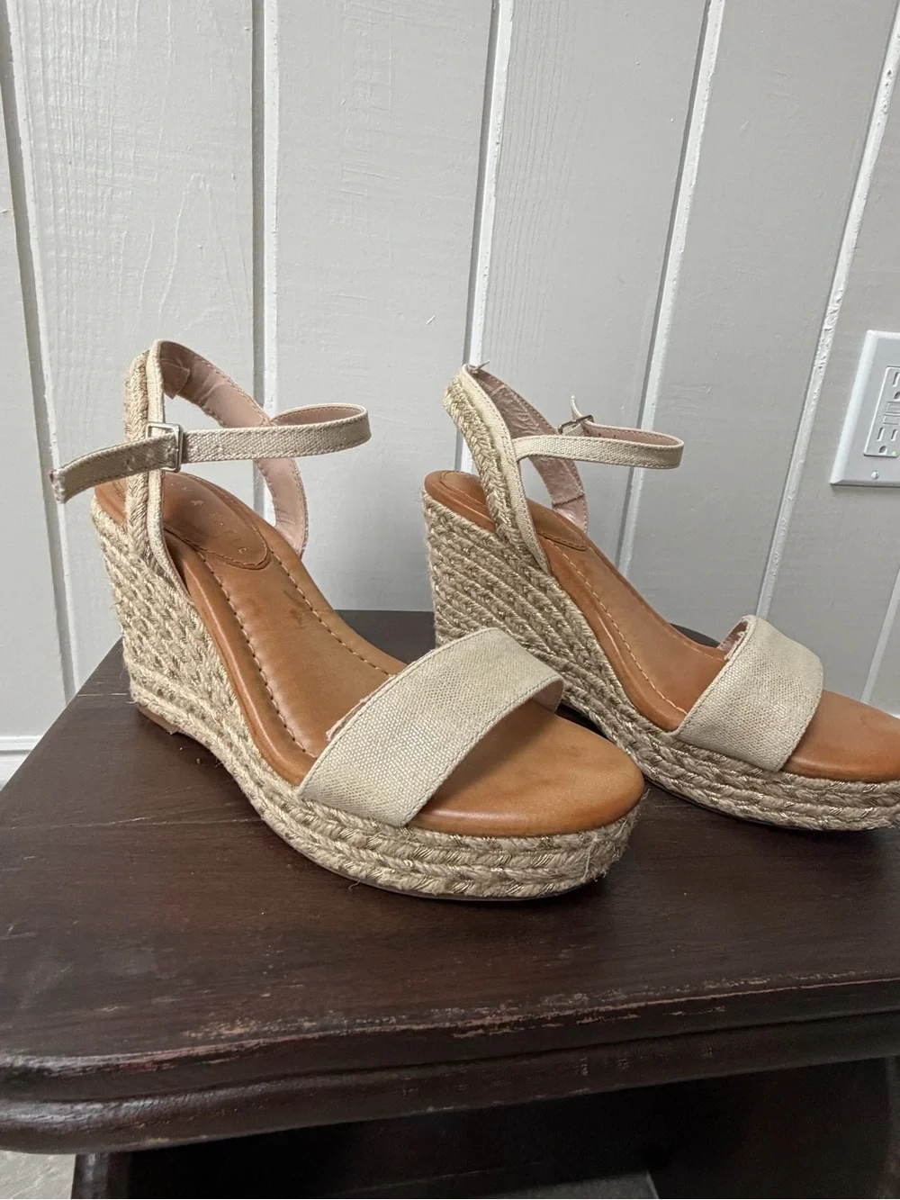 Kelly & Katie Canvas & Gold Shimmer Espadrille Wedge Sandals